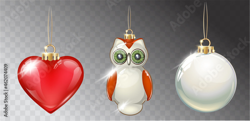 Vector realistic Christmas decorations on a light abstract background. Glass sphere, sparkling heart and owl.
