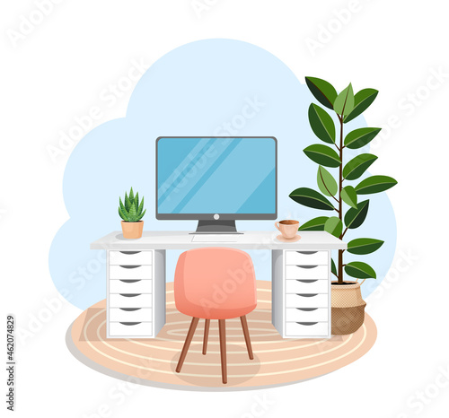 Workspace with computer, table, plant, chair, carpet and cup on isolated white background for home office, cabinet, remote work, freelance, teaching. Vector illustration in flat cartoon style.