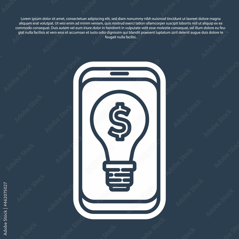 Blue line Business light bulb with dollar on smartphone screen icon isolated on blue background. User touch screen. Vector Blue line Business light bulb with dollar on smartphone screen icon isolated on blue background. User touch screen. Vector
