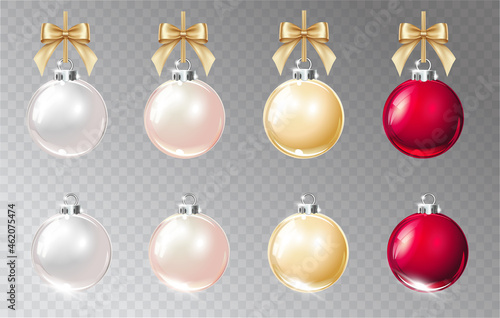 Vector realistic Christmas decorations on a light abstract background. Color glass sphere and gold bow.