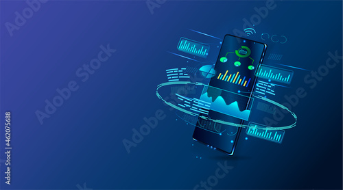 Online statistic, data Analytics and finance and trading mobile app. Smartphone app and UI, UX, KIT presentation mobile application. Analysis trends and financial strategy. Vector illustration