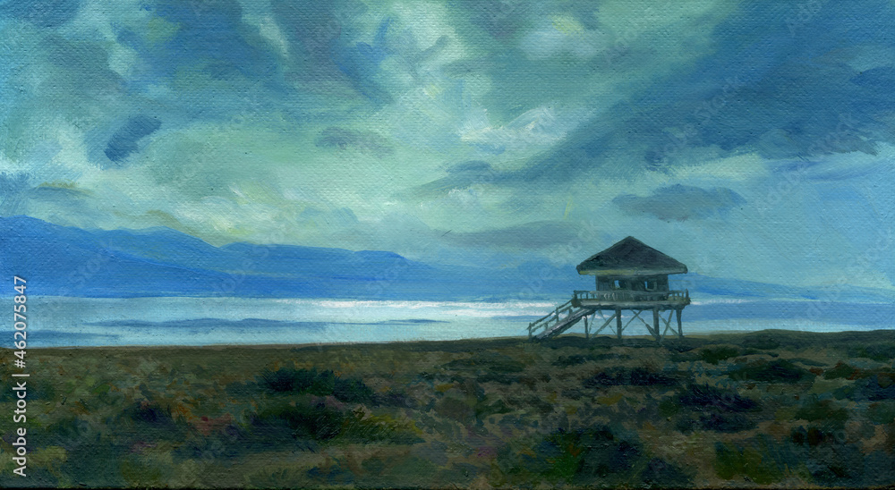 Oil seascape. Beautiful sunrise by the sea. House of rescuers. Oil seascape. Beautiful sunrise by the sea. House of rescuers.
