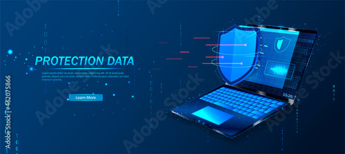 Cyber security, data protection, cyberattacks concept on blue background. Database security software development. Online security concept. Laptop protected with shield. Vector illustration