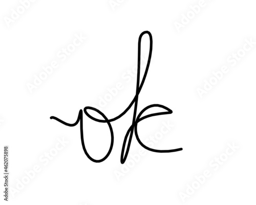 Calligraphic inscription of word "ok" as continuous line drawing on white  background