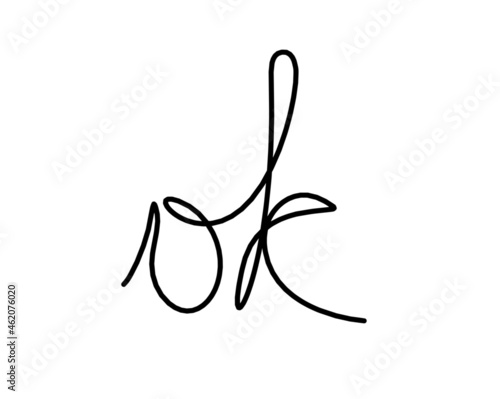 Calligraphic inscription of word "ok" as continuous line drawing on white  background