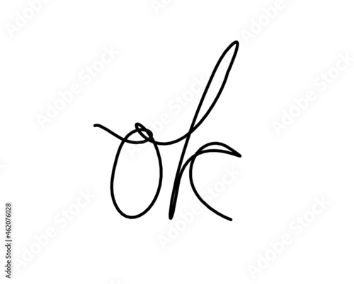 Calligraphic inscription of word "ok" as continuous line drawing on white  background