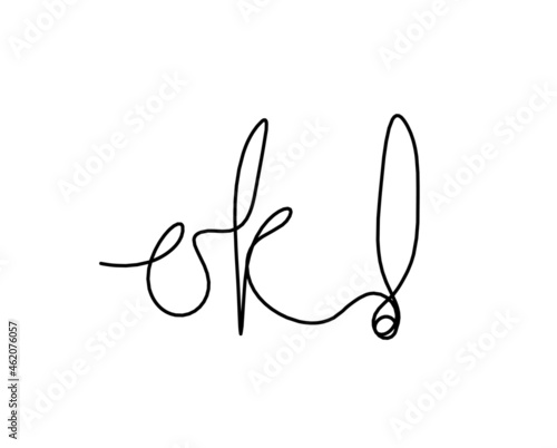 Calligraphic inscription of word "ok" as continuous line drawing on white  background