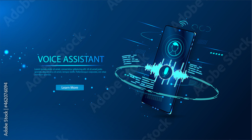 Voice assistant of the modern concept. Sound waves equalizer on your smartphone . The concept of a voice assistant. Microphone voice control technology, voice and sound recognition. Vector