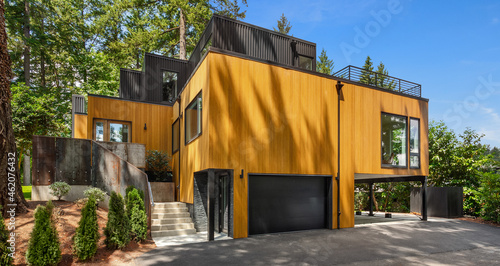 Fotografie Beautiful exterior of modern home with linear design and elegant use of wood and metal, surrounded by trees on bright sunny day