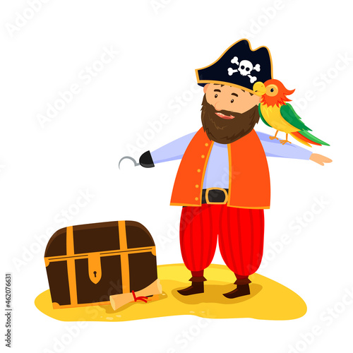 Pirate and parrot on the island with treasure