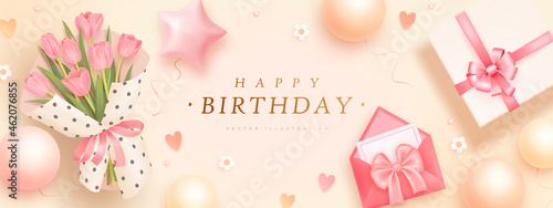 Happy birthday horizontal banner with realistic bouquet of tulips, envelope and gift box. 3d realistic style. Vector illustration