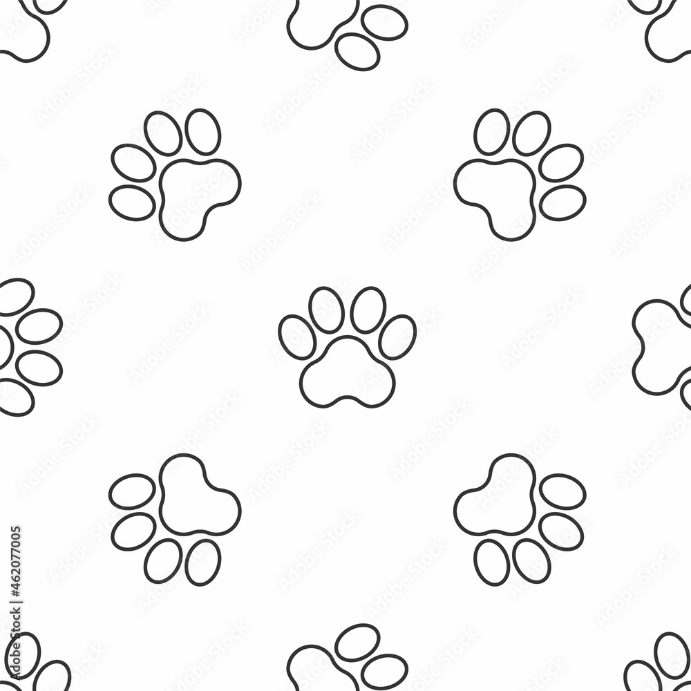 Obraz premium Grey line Paw print icon isolated seamless pattern on white background. Dog or cat paw print. Animal track. Vector