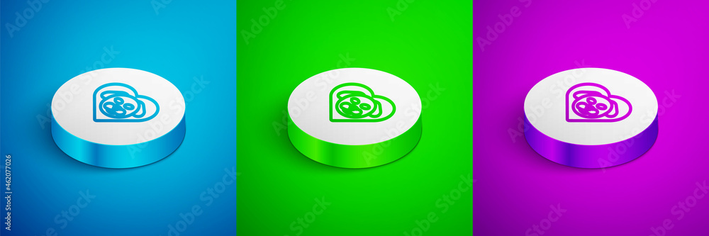 Isometric line Heart with dog icon isolated on blue, green and purple background. Pet paw in heart. Love to the animals. White circle button. Vector Isometric line Heart with dog icon isolated on blue, green and purple background. Pet paw in heart. Love to the animals. White circle button. Vector