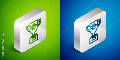 Isometric line Pet award symbol icon isolated on green and blue background. Medal with dog footprint as pets exhibition winner concept. Silver square button. Vector