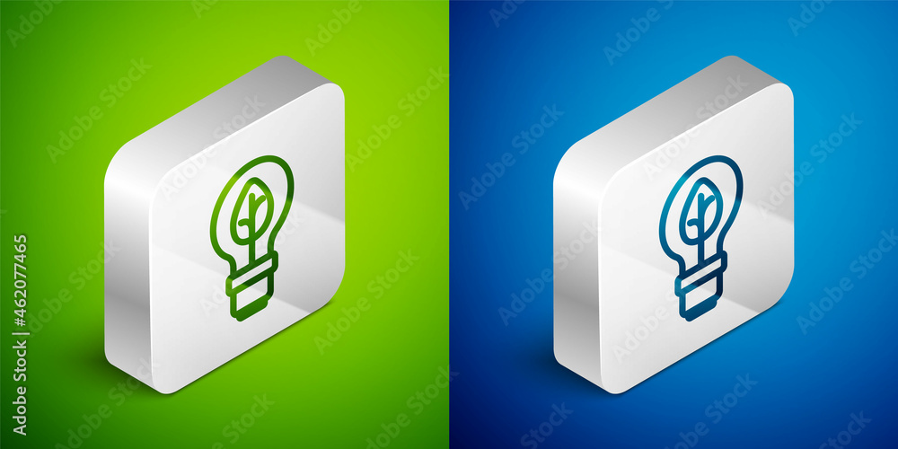 Isometric line Light bulb with leaf icon isolated on green and blue background. Eco energy concept. Alternative energy concept. Silver square button. Vector