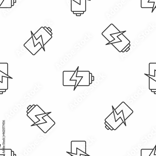 Grey line Battery icon isolated seamless pattern on white background. Lightning bolt symbol. Vector
