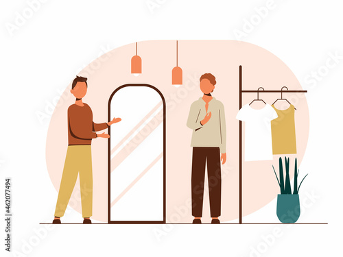 People shopping flat vector illustrations set. Shoppers choose their clothes. Clothing store, sale.