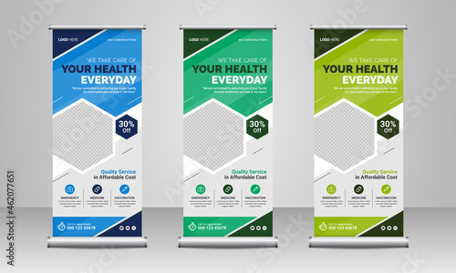 Medical healthcare business marketing roll up or x banner template design with creative abstract background, hospital logo & icon. Doctor, dentist, dental or health service rack card, poster & flyer.