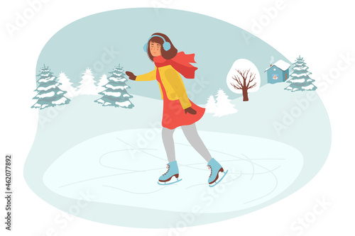 Cute girl wearing warm winter clothes ice skating on frozen surface. Young Woman Figure Skating on Ice rink . Winter Fun Sport Activities Vector Illustration. winter landscape