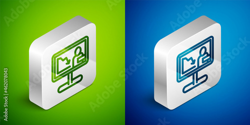 Isometric line Global economic crisis news icon isolated on green and blue background. World finance crisis. Silver square button. Vector