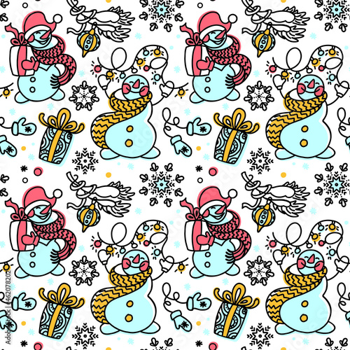 Snowman, gifts, christmas tree, snowflakes. Celebration, christmas ornament, vector. Christmas pattern for fabric, wrapping, textile, wallpaper, apparel. 