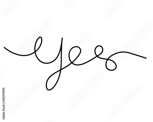 Calligraphic inscription of word "yes" as continuous line drawing on white background