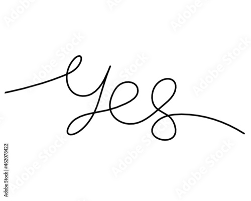 Calligraphic inscription of word "yes" as continuous line drawing on white background