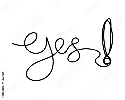 Calligraphic inscription of word "yes" as continuous line drawing on white background