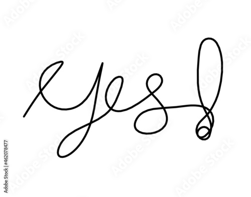 Calligraphic inscription of word "yes" as continuous line drawing on white background
