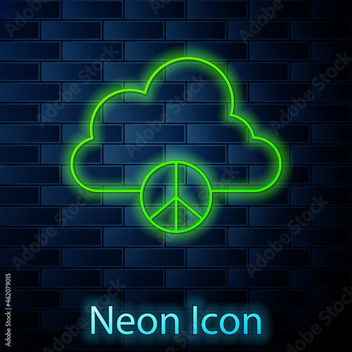 Glowing neon line Peace cloud icon isolated on brick wall background. Hippie symbol of peace. Vector