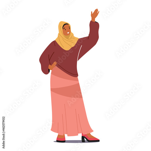 Arab Woman Waving Hand. Arabic Muslim Female Character Dressed in Traditional National Costume Hijab Say Hello, Welcome
