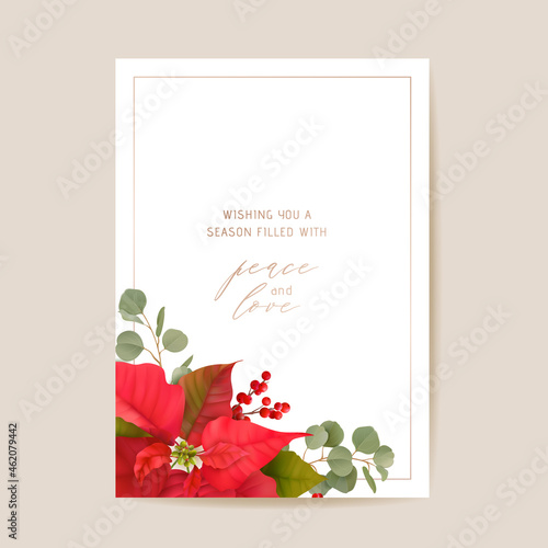 Poinsettia Winter Floral Card, Christmas Vector Wedding Invitation. Holiday Party greeting banner template