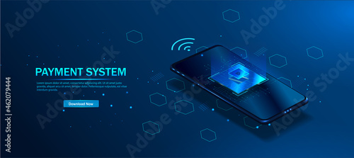 Payment system. Contactless payment payment, high protection and security with nfc chip. Safe purchase via phone. Contactless payment concept.