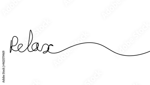 Calligraphic inscription of word "relax" as continuous line drawing on white background
