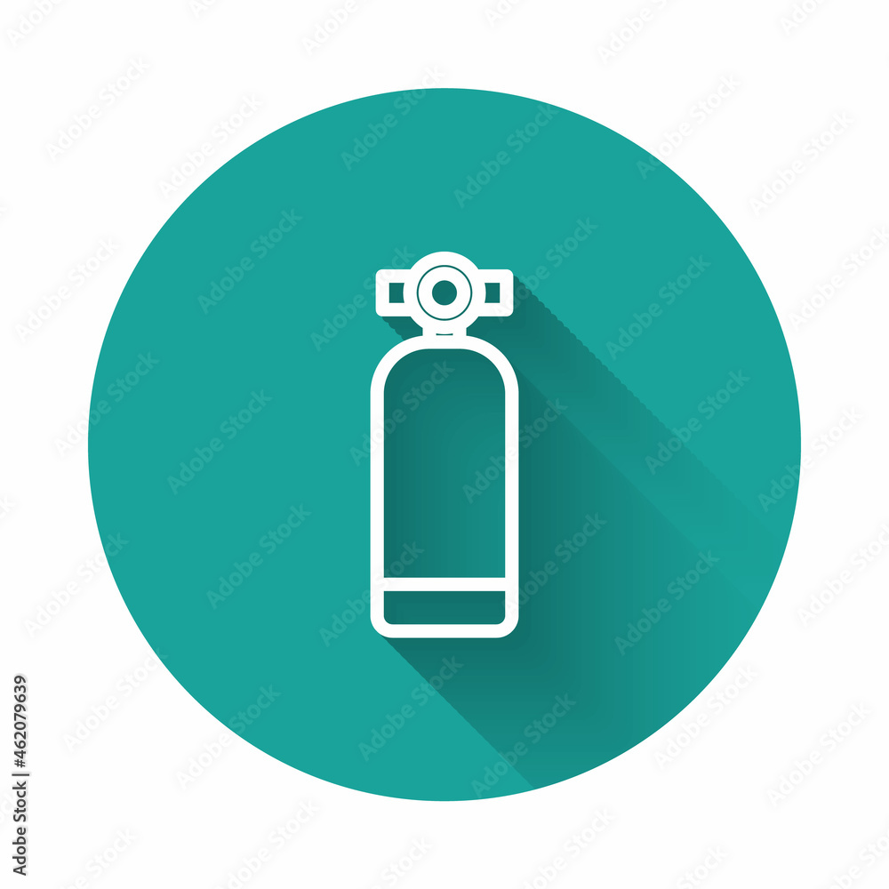 White line Aqualung icon isolated with long shadow background. Oxygen tank for diver. Diving equipment. Extreme sport. Diving underwater equipment. Green circle button. Vector White line Aqualung icon isolated with long shadow background. Oxygen tank for diver. Diving equipment. Extreme sport. Diving underwater equipment. Green circle button. Vector
