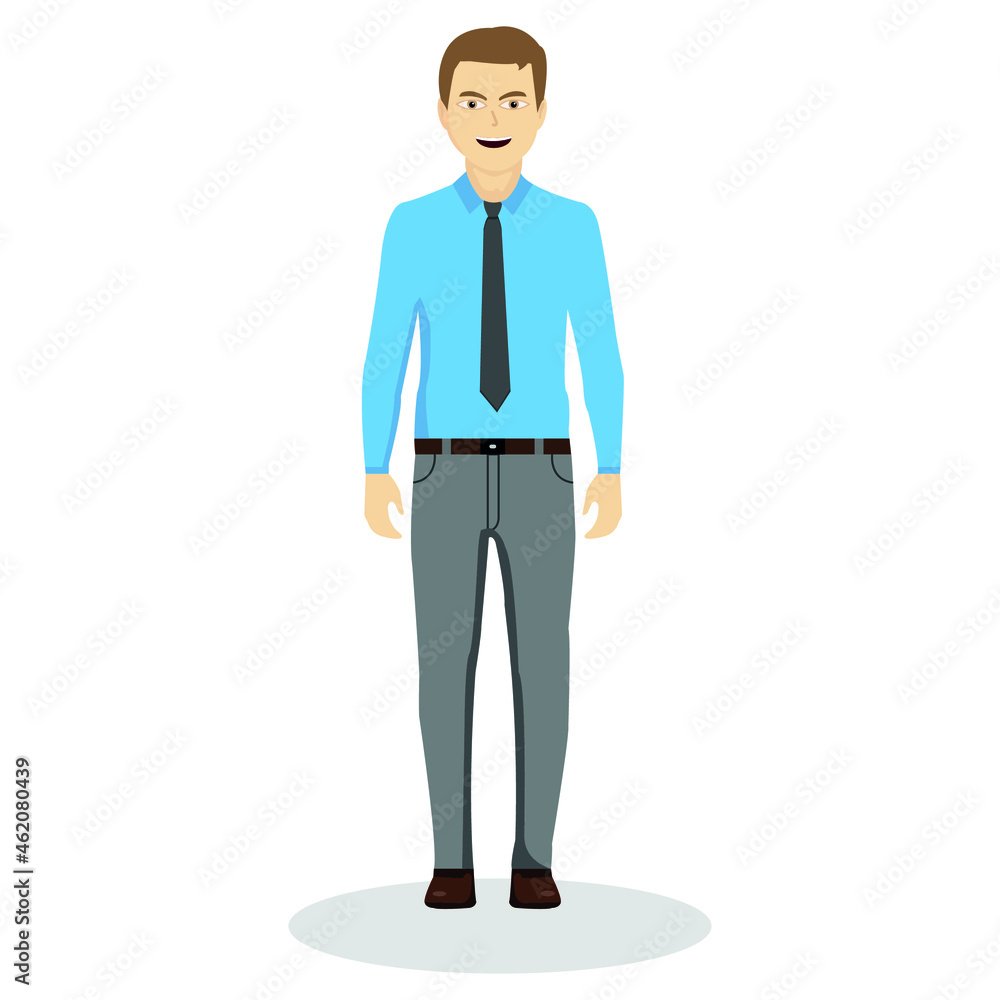 Obraz premium young business man in business clothes, wearing tie and belt, young smiling, business success, man in work clothes, happy young man, person vector illustration - White background