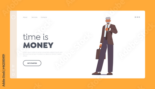 Time is Money Landing Page Template. Businessman Character Look on Wrist Watch Waiting Meeting or Appointment