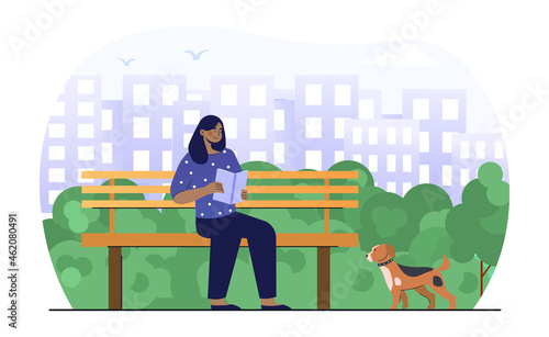 Girl in park. Afro American woman sitting with book in her hands. Walk in park  puppy. Rest after working day  output  fresh air. Cartoon flat vector illustration isolated on white background