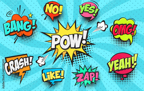 Collection of Cartoon, Comic Speech Bubbles. Colored Dialog Clouds with Halftone Dot Background in Pop Art Style