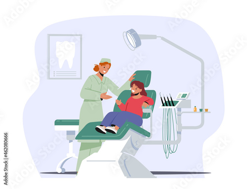 Child at Dentist Office. Little Girl Patient at Dental Clinic for Kids Sit at Chair for Teeth and Oral Cavity Checkup