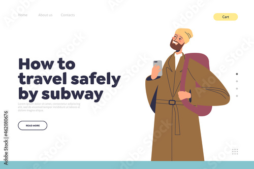 Travel safely by subway landing page with passenger wait for subway train arrival with smartphone