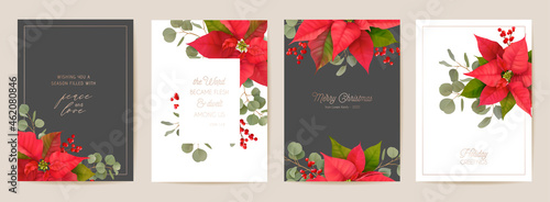 Elegant Merry Christmas and New Year Cards Set with Poinsettia Realistic Flowers, Mistletoe photo