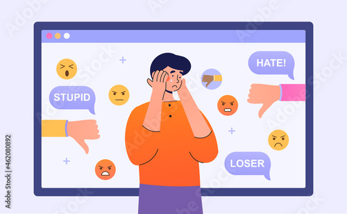 Trolling online concept. Man crying amid comments.Social media, chatting, communication. Bad reviews, dislike, hate. Online insults. Cartoon flat vector illustration isolated on white background