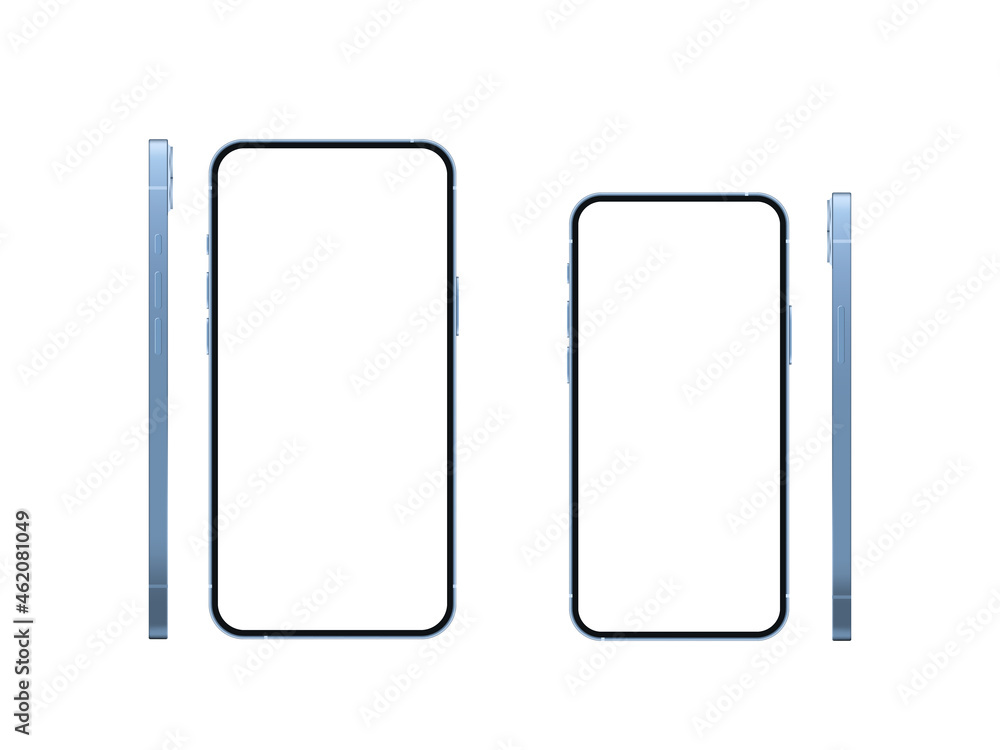 Realistic phone mockup front and side view isolated on white background. 3d blue mobile device with blank screen, 2 size glass smartphone concept for show app and web design. Vector illustration. Realistic phone mockup front and side view isolated on white background. 3d blue mobile device with blank screen, 2 size glass smartphone concept for show app and web design. Vector illustration.