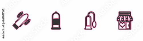 Set line Dildo vibrator for sex games, Penis pump, Condom safe and Sex shop building icon. Vector