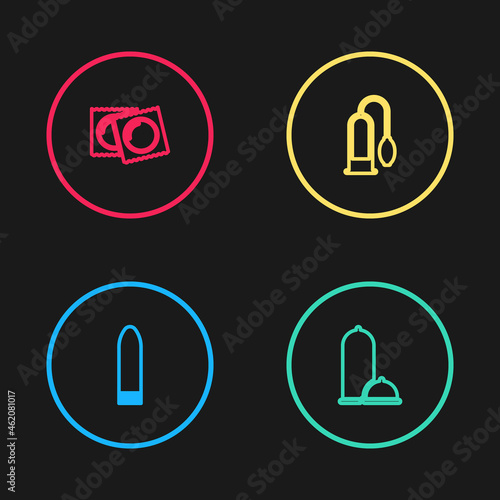 Set line Dildo vibrator, Condoms safe sex, Penis pump and in package icon. Vector