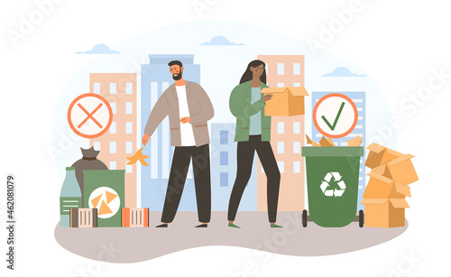 Throw out garbage concept. Woman throws waste into special garbage can, man throws garbage down street. Recycling for nature conservation. Cartoon flat vector illustration isolated on white background