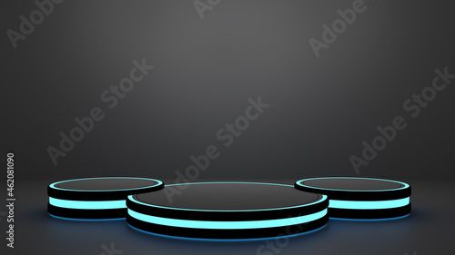 Product display triple podium with gaming and technology concepts, color neon light, pedestal, stand.