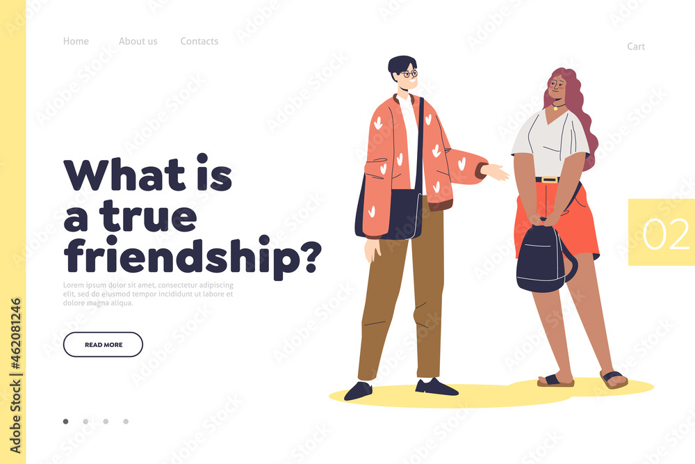 True friendship concept of landing page with man talking to woman friend of mix race