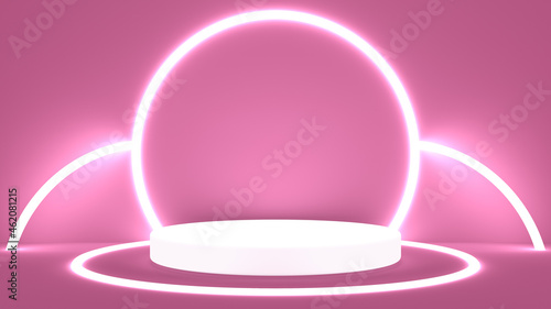 Eye-catching cylindrical pedestal for displaying products, illuminated with circular white lights. Stand or podium in 3 dimensions.